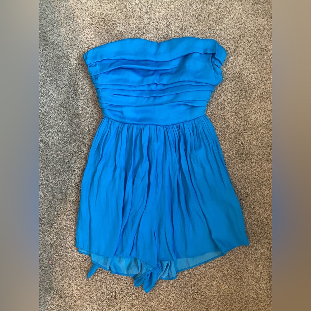 DO+BE silk strapless back-tie romper, blue, size xs